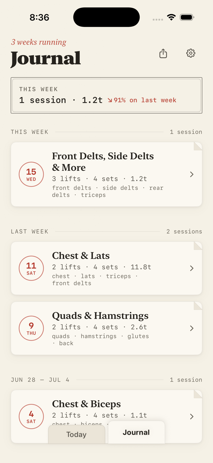 LiftInk Journal screen with workout sessions filed by week on a warm notepad background.