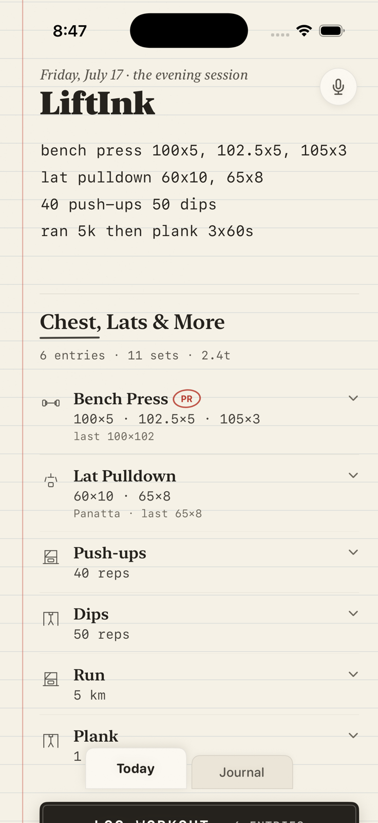 LiftInk Today screen showing a handwritten-style workout note and the clean Bench Press and Lat Pulldown sets it read.